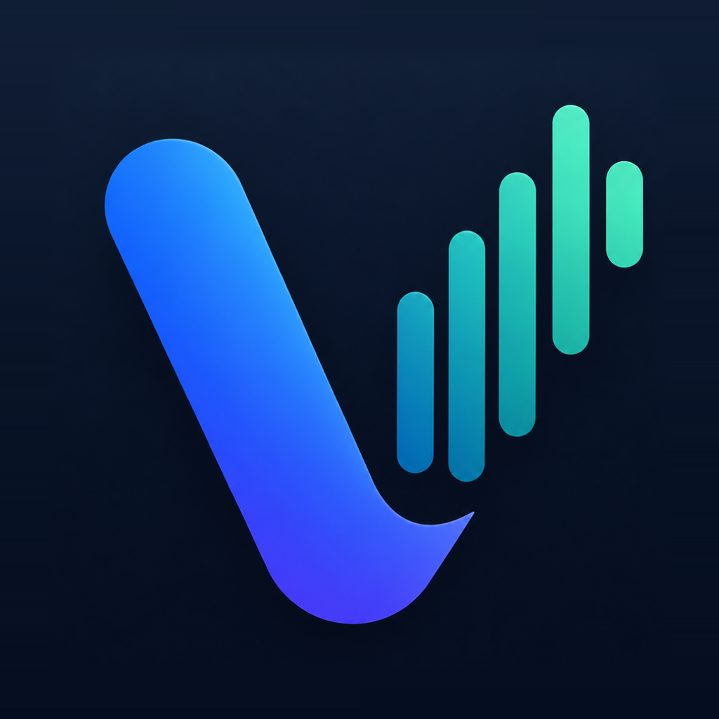 Verba app icon: a blue-to-violet letter V beside a mint audio waveform on a near-black navy field